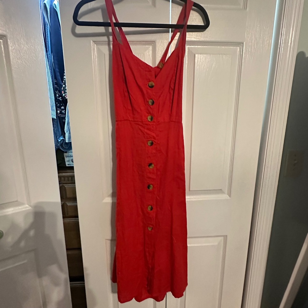 Japna Red Button Front Midi Dress Tie Back Smocked Waist Cottagecore Size M